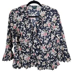 Lauren Ralph Lauren Floral Poet Blouse M Black Pink Ruffle Button Down EUC